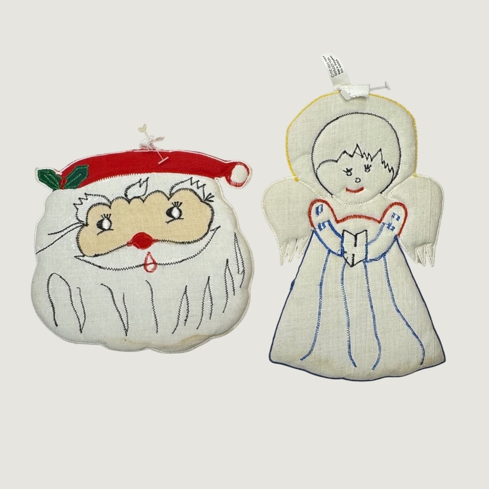 Vintage 1980s Embroidered Cotton Christmas Potholders Santa and Angel Set